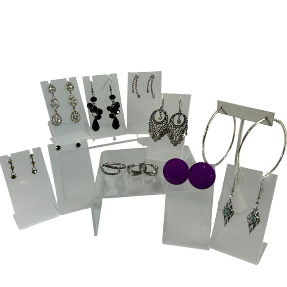 Mixed Lot 11 Earrings Dangle Hoops Beaded Rhinestones Silver Tone - Picture 13 of 16